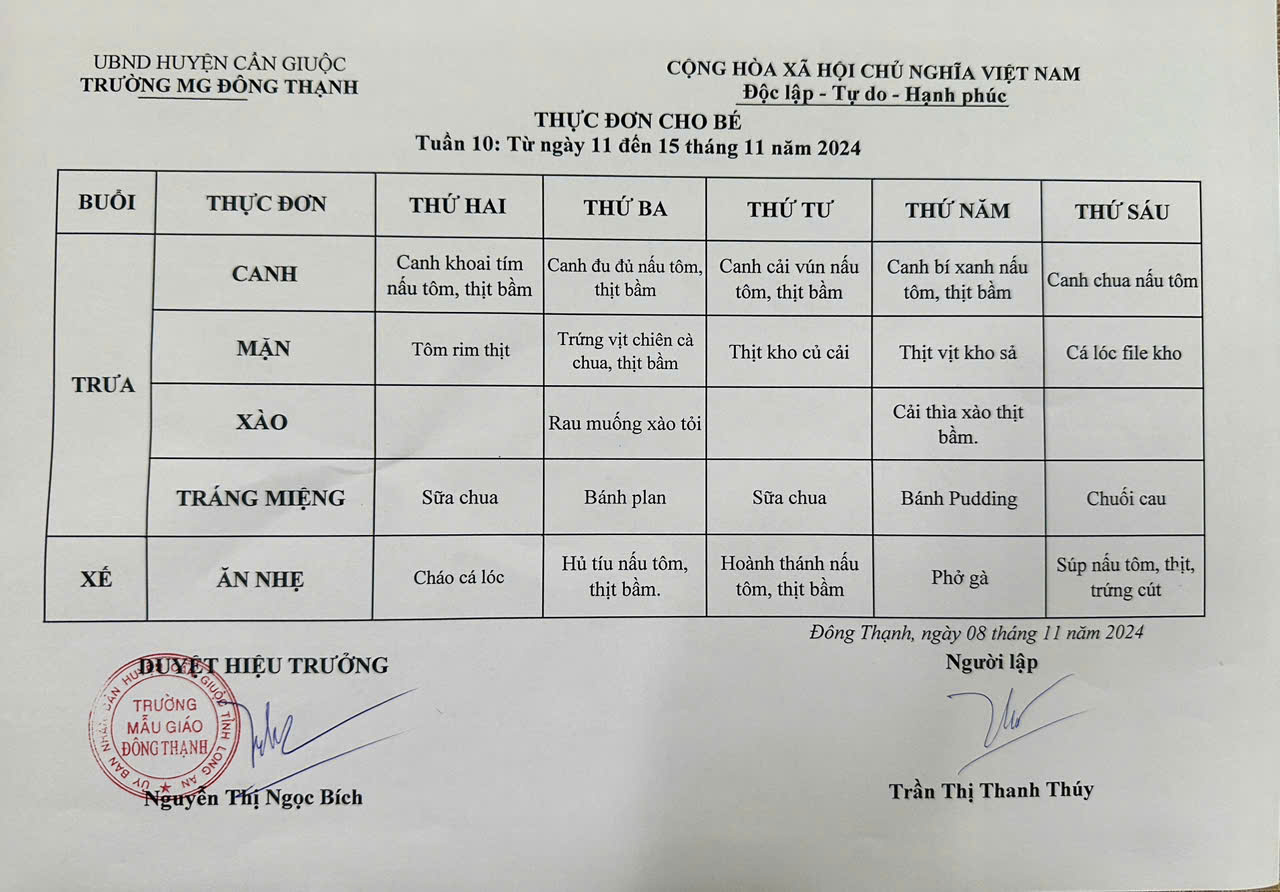 Thực đơn tuần 10 của trẻ.